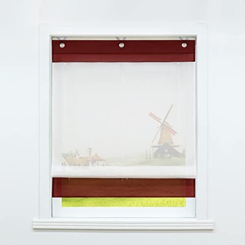 CORLIF Voile Raffrollo ohne Bohren Küche Gardinen Transparente Raffgardine mit Ösen Vorhänge mit Farbiger Blende Modern Rot BxH 60X155cm 1 Stück