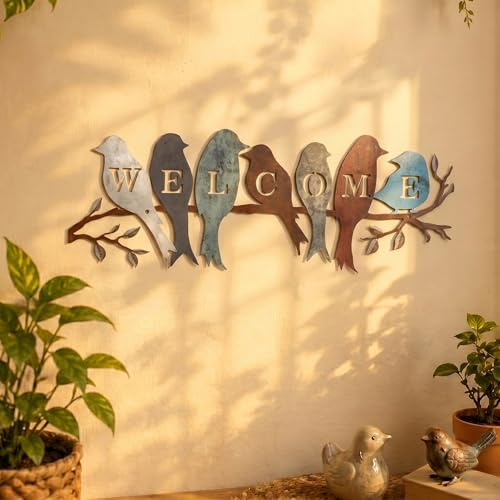 Peryiter Bird Wall Art Birds on Branch Welcome Sign Hanging Outdoor Metal Wall Decor Welcome Signs for Porch Vivid Statue Welcome Wall Decor Tree Silhouette for Bedroom Garden(Vintage Colors)