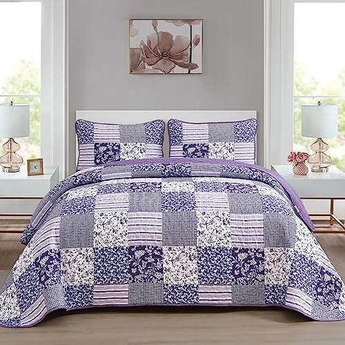 Mybedsoul - Set di biancheria per letto matrimoniale queen size, 3 pezzi, con copriletto trapuntato e motivo floreale stile boho, per tutte le stagioni, reversibile, 228,6 x 243,8 cm, colore: viola