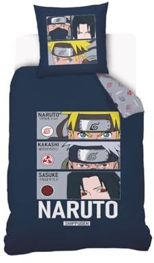 Naruto - Housse De Couette Naruto - Kakashi - Sasuke 140x200 cm + 1 Taie d'oreiller 63x63 cm - 100% Coton - Bleu Marine