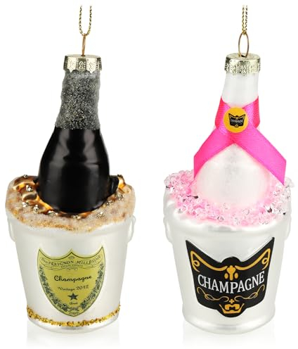 com-four® 2X Christbaumschmuck - Deko-Champagnerflasche im Sektkühler - besondere Baumkugeln als Weihnachtsdeko - Weihnachtsbaumanhänger aus Glas (2X Champagnerflasche)