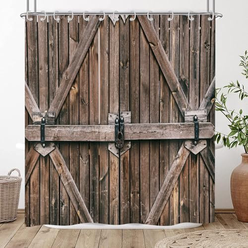 Hnmdmyi Duschvorhang Rustikal 180x240, Bauernhaus Holz Garage Scheunentür Duschvorhänge Braun Land Vintage Kunstwerk Badewanne Vorhang Wasserdicht Polyester Stoff Waschbar Badevorhang mit Haken