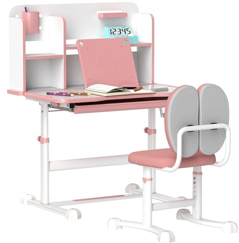 AIYAPLAY Set Scrivania e Sedia per Bambini 3-12 Anni Regolabili in Altezza, Banco Scuola con Piano Inclinabile 45°, Cassetto, Scaffale, Portapenne e Leggio, in Acciaio e MDF, Rosa