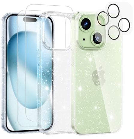 Noyabox for iPhone 15 Clear Glitter Case with 2 Screen Protectors, Sparkling Soft Transparent TPU Bumper Scratch-Resistant for Women and Girls, Clear