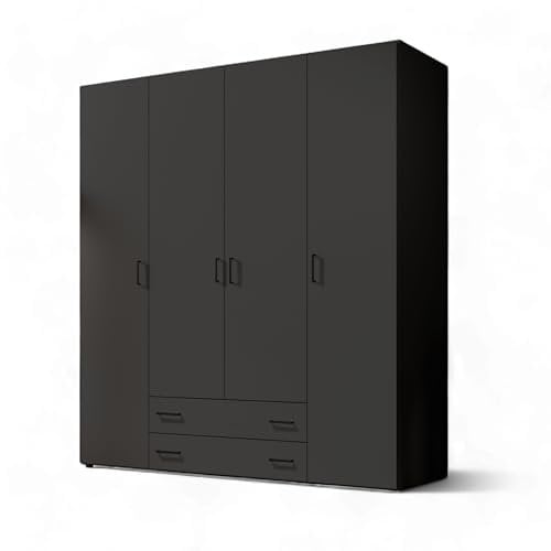 Stella Trading YARK Kleiderschrank in Schwarz matt - Vielseitiger Drehtürenschrank 4-türig mit viel Stauraum für Ihr Schlafzimmer - 160 x 177 x 52 cm (B/H/T)