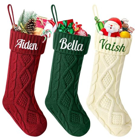 BEXOA Personalised Christmas Stockings - 18” Large Knitted Embroidered Custom Names Christmas Stockings, Xmas Stocking for Kids Family Fireplace Christmas Holiday Party Decoration (1, Embroidered)
