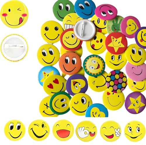 40 Stück Smiley Pins Anstecker, Bunte Smiley Buttons,Smile Buttons Anstecker,Leicht zu Befestigen, für Taschen und Geschenktüten,45mm
