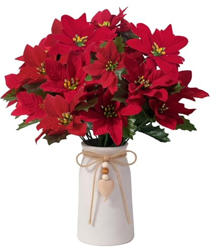 UoYeet Artificial Poinsettia Christmas Flower Arrangement in White Ceramic Vase with Heart Charm Décor, Festive Red Holiday Floral Centerpiece for Home, Office, Shelf