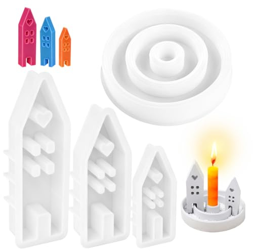 4 Silikon Kerzenform Set Mit 3 Hausformen + 1 Runde Gießform Für Epoxid | Antihafte Formen Zum Gießen Von Kerzen, Seife, Gips, Epoxidharz Und Dekorationen