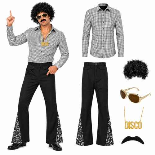 70er Jahre Disco Kostüm Set Herren, 6-teiliges Retro Outfit mit Perücke | Retro Disco Kostüm Herren mit Hemd, Perücke, Brille, Kette & Schnurrbart für 70er Mottoparty, Karneval & Fasching
