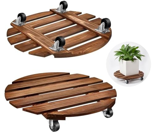 Veebmys Set di 2 Porta Piante in Legno con Ruote, Ø30,5 cm Supporto Rotondo per Vasi Pesanti, Ruote Girevoli a 360° e Bloccabili, Carrello Mobile da Interno ed Esterno, Portata 120 kg