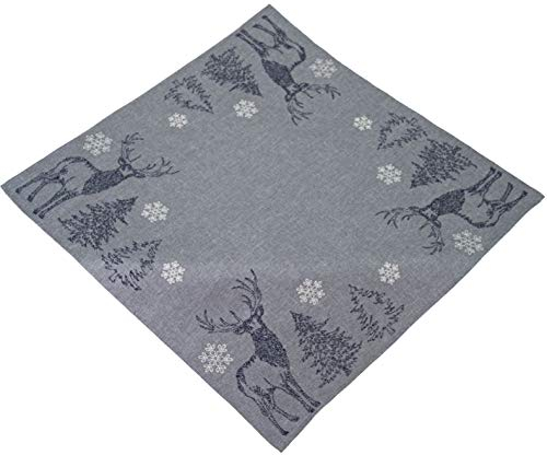 Raebel Tischdecke 110 x 110 cm Stickerei Elch Bäume Schneesterne grau weiß Silber Mitteldecke Weihnachten Deko Weihnachtstischdecke