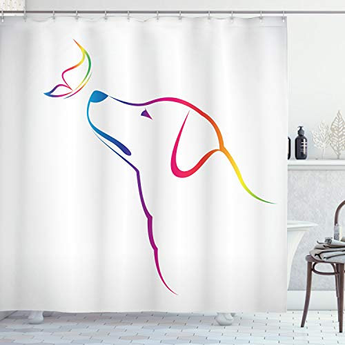 ABAKUHAUS Bunt Duschvorhang, Butterfly Hund Labrador, Stoffliches Gewebe Badezimmerdekorationsset mit Haken, 175 x 180 cm, Hellgrau Mehrfarbig