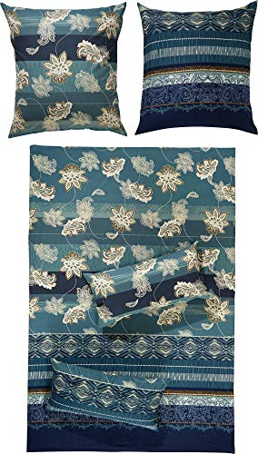 Erwin Müller Flanell Bettwäsche, Bettgarnitur mit orientalischen Blumen-Ornamenten blau Größe 40x80 cm / 135x200 cm - klimaausgleichend, mit Reißverschluss, 100% Baumwolle (weitere Größen)