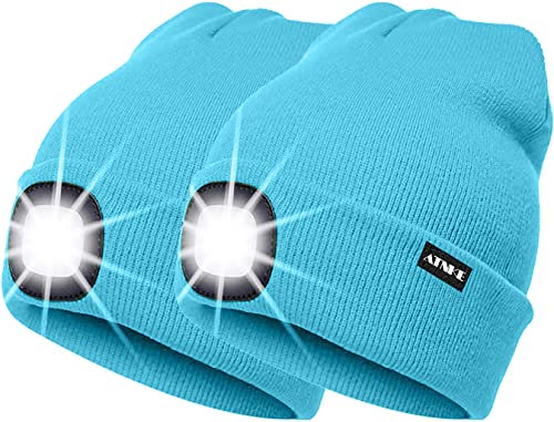 ATNKE 2Pcs Neue Warme LED beleuchtete Mütze,Unisex USB wiederaufladbare Laufmütze Ultra Bright 4 LED wasserdichte Lichtlampe Mehrfarbig (Hell Blau, Einheitsgröße)