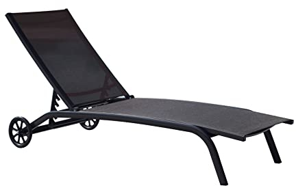 Tumbona para jardín, piscina y hotel, de aluminio, con respaldo ajustable y ruedas (negro)