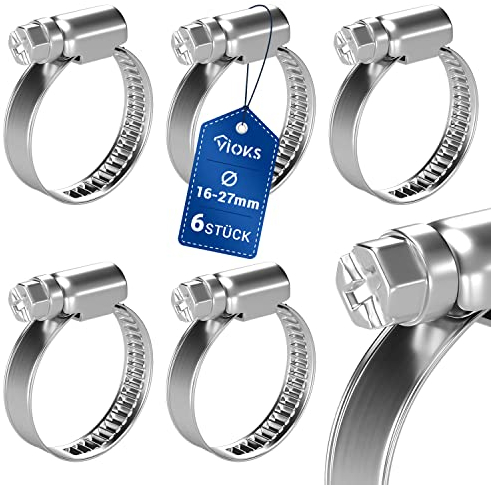 VIOKS Lot de 6 colliers de serrage pour tuyau d'essence, tuyau de piscine - Diamètre : 16-27 mm - Petit collier de serrage en acier inoxydable - Pour machine à laver, tuyau, colliers de serrage