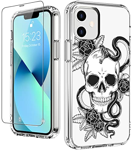 LUHOURI Halloween iPhone 12 Hülle, iPhone 12 Pro Hülle mit Displayschutzfolie, schlanke stoßfeste Schutzhülle für iPhone 12/12 Pro, Rose und Totenkopf