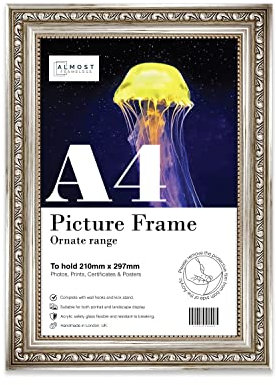 Almost Frameless A4 Silver Ornate Picture Frame Fits A4 (21 x 29.7cm - 8.3 x 11.7in) Poster, Photo, Artwork, or Print. Opulent Style Portrait and Landscape Display with Wall Hooks