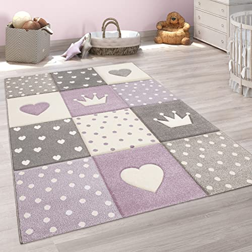Paco Home Teppich Kinderzimmer Junge Mädchen Kinderteppich Spielteppich Kurzflor 3D Optik Pastell Punkte Herzen Krone, Grösse:Ø 120 cm Rund