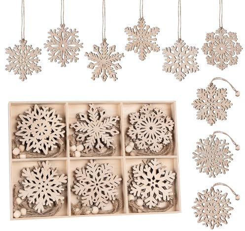 18 x Schneeflocken aus Holz,9 Designs Christbaumschmuck Holz Schneeflocke,7,5cm Holzanhänger Weihnachten mit Hanfseil,Unvollendete Christbaumanhänger aus Naturbelassenem Holz für Christbaumanhänger