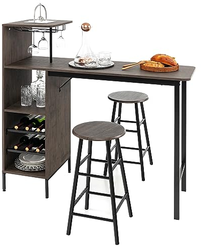 HOMASIS Bartisch mit 2 Barhockern, 3 TLG. Esstisch-Set & 2 Barstühle, Essgruppe mit Getränkehalter & Regal für Gläser, Industrial Bistrotisch & 2 Stühle, Küchentheke aus Stahlrahmen & Holz (Braun)