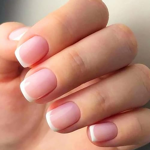 24 Pcs French Tip False Nails - Short Square Pink Press on Nails with White Tip/Full Cover Fake Nails for Women and Girls Nail Art (French White Tip)