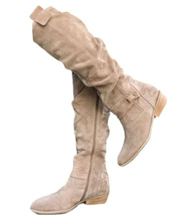 tinetill Stivali Al Ginocchio Donna Lungo Stivali Western in Pelle Scamosciata Stivali Sopra Il Ginocchio Stivali Lunghi Invernali Caldi Stivali da Cavaliere Vintage con Tacco Basso Cerniera Scarpe