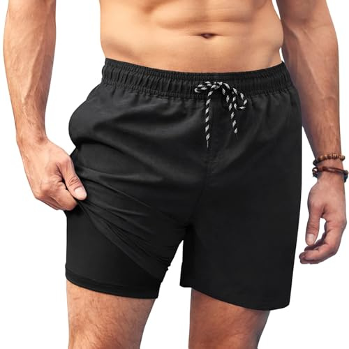 AI'MAGE Maillot de Bain 2 en 1 pour Hommes avec Doublure de Compression Short de Sport Slips de Bain, Noir, M