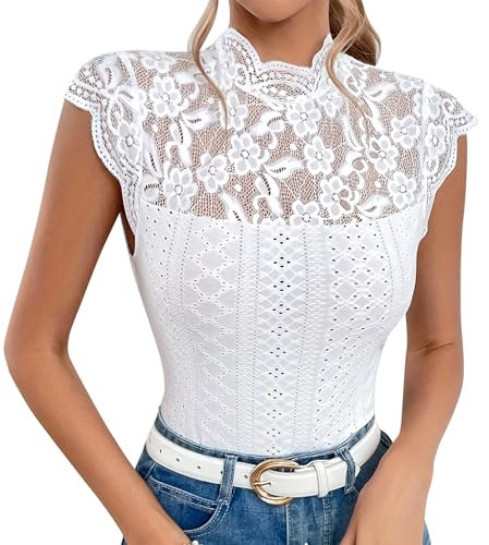 FYMNSI Damen Spitze Top Sommer Rollkragen Oberteile Elegant Durchsichtiges Spitzentop Shirt Kappen?rmel Blusen Tuniken Weiss Blusentop Basic L?ssige T-Shirt Party Hochzeit Cocktail Wei? L