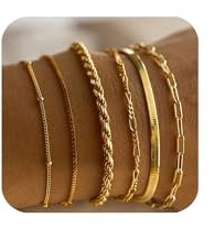 JENCVNL 6PCS Gold Chain Bracelets for Women, Gold Stacking Bracelets Twist Rope Figaro Herringbone Bead Chain Bracelet Adjustable Link Charm Bracelet for Women Girls (Golden Set 1)
