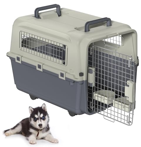 Froadp Transportbox für Haustiere Hund Katze Hundebox aus PP Kunststoff 67x51x58.5cm Katzentransportbox Hundetransportbox mit Rädern & Urinabstandshalter & Hängende Fressnäpfe Katzenbox