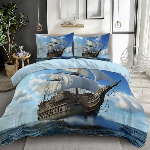 Quixora Bettwäsche Mittelalterliches Segelschiff Muster 135 x 200 cm Wendebettwäsche aus Mikrofaser für Mädchen und Damen, Blau, Mit 80x80 cm Kissenbezug und Reißverschluss