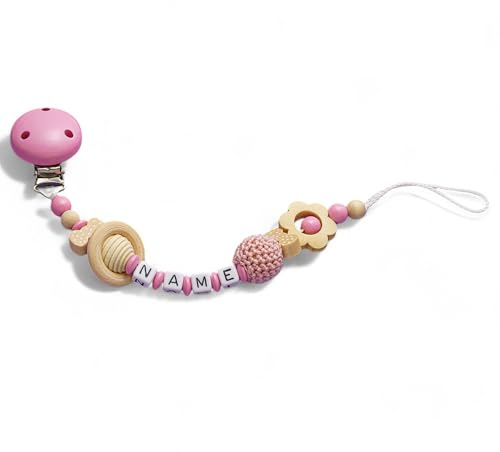 Schnullerband mit Namen für Mädchen & Junge mit Ihrem Wunschnamen - verschiedene Modelle - in DE erstellt (Rosa (Blume 2))
