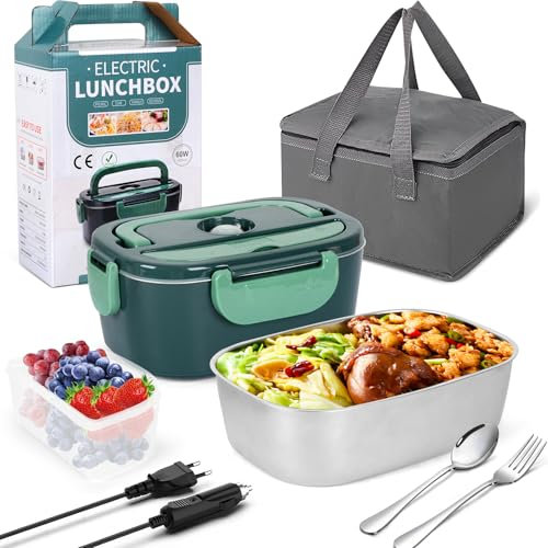 Scaldavivande Elettrico Portatile, 60W 1.5L Porta Pranzo Riscaldabile 3 In 1, 220V/12V/24V Scalda Vivande Portatile Elettrico, con Borsa Termica Forchetta e Cucchiaio, per Auto Camion e Ufficio