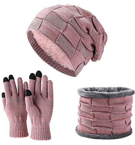 Generisch Set Mütze Schal Handschuhe Damen Schlupfmütze Beanie Mütze Winterset Fleece Schal Damen Schal Frauen Winter Knit Set Women Lange Schwarze Handschuhe Damen Handschuhe Winter Accessoires 3PC