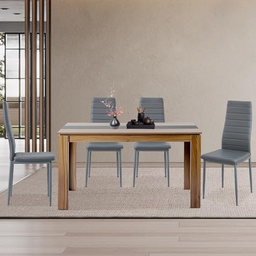 FURNITABLE Esstisch mit 4 Stühlen Esszimmergruppe, Essgruppe mit Hochlehner Kunstleder Stuhl für 4 Personen, Sitzgruppe für Küche Esszimmer Wohnzimmer(140cm Walnuss-Schwarz Tisch+4 Grau Stühle)