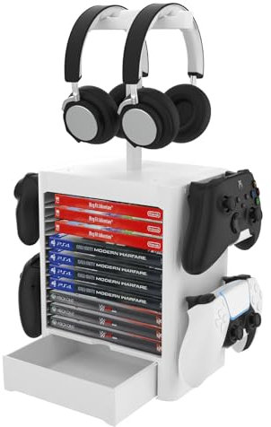 DaMohony Game Storage Tower Stand, Universal Game Holder Rack for PS5/PS4/Xbox Series X/Xbox one/Switch Games with 4 Controller Holders and Drawer, Stores 10 Game