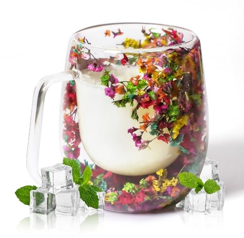 RUIOMII 370ml Double Wall Glass Dried Flower Mug, Cute Coffee Mugs with Handle, Insulated Coffee Cup Birthday Gifts for Mum Girlfriend Teacher