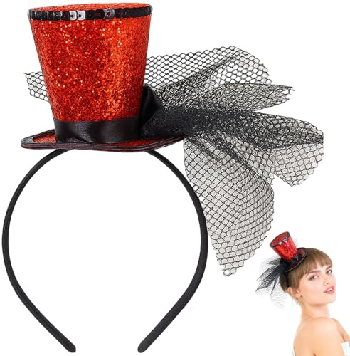 QITHGYD Haarreif Fasching Damen Rot Pailletten, Glitter Mini Zylinder Partyhut, Kopfschmuck Karneval Damen & Mädchen, Glitzer Faschingskostüme für Karneval Kostüm Accessoire, Silvester Outfit Damen