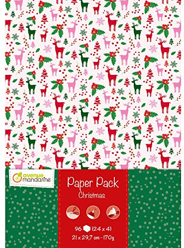 Avenue Mandarine CC039C Paper Pack, 96 Bogen aus Papier 170g (24 Designs x4), DIN A4, 21 x 29,7 cm, ideal für Bastelprojekte, 1 Pack, Weihnachten