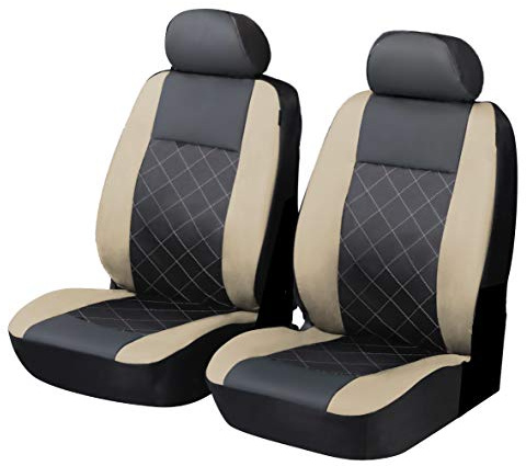 Carseatcover-UK Knightsbridge BEIGE/BLACK Leather Look Front Pair - Universal Car Seat Cover Set with seaparate headrest covers |Hard Wearing & Durable Fabric| Car Accessories Interior| Airbag Safe