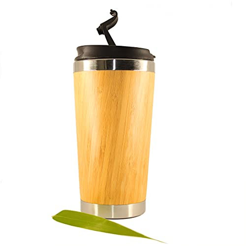 Thermos café et thé 450 ml en Bambou et Acier Inoxydable, 100% Etanche, voyage, camping, travail