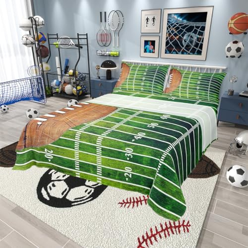 American Sports Football Bed Sheets Set Queen for Boys Bedroom Decor,Sports Games Fitted Sheet Football Field Illustration Bedding Set 4Pcs (1 Fitted Sheet+1 Flat Sheet+2 Pillowcases),Green Brown