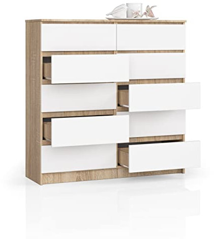 Kommode, 10 Schubladen, viel Stauraum, Kleiderschrank, Flur, Badezimmerschrank, Kommode, Multifunktionsschrank. Abmessungen: 120x121x40cm (Eiche Sonoma/Weiß)