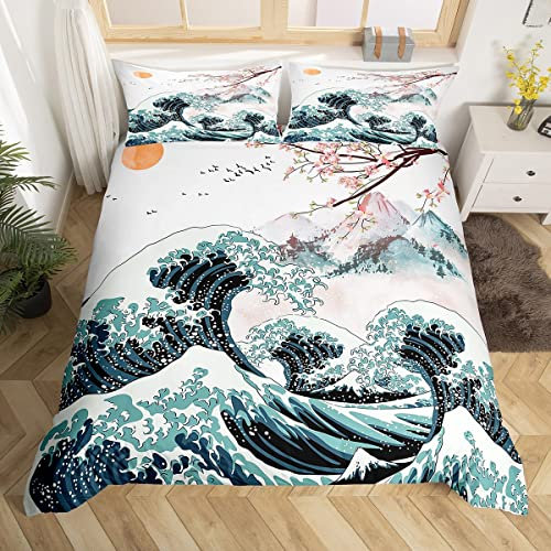 Homewish Cherry Blossom Bedding Set Single Fuji Mountain Duvet Cover Japanese Sea Waves Comforter Cover Red Sun White Crane Bird Quilt Cover For Boys Child Kids Ukiyoe Theme Ethnic Room Decor