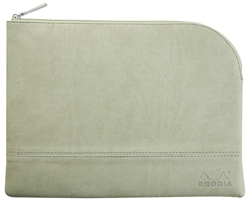 RHODIA 116733C - Faux Leather Zipped Pouch - Celadon - Size L (21 x 28 cm) - Genuine Stitching - Orange Fabric Interior - Storage for Documents, Small Supplies