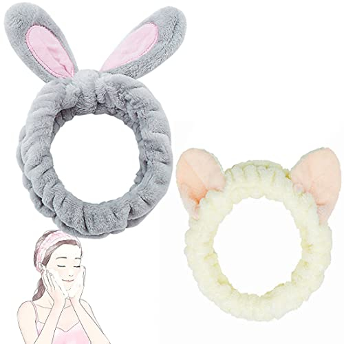 Haarband Kosmetik Mit Ohren, KANOSON 2er Set Stirnband für Damen Mädchen, Abschmink Haarband Tiere zum Gesicht Waschen Skincare