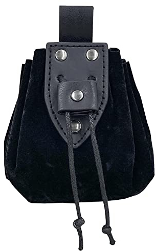 HiiFeuer Vintage Medieval Faux Leder Kordelzug Tasche, Mittelalterliches Portemonnaie, Nieten Gürteltasche Würfel Tasche für LARP Ren Faire (Schwarz A)