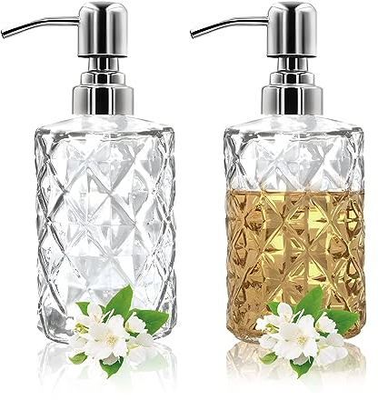 Glass Soap Dispenser - 2 Pack 12 Oz Clear Glass Liquid Hand Soap Dispenser with 304 Stainless Steel Pump, Refillable Dish Bottle Dispenser for Bathroom Kitchen